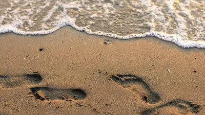Пляж, следы на песке, вода