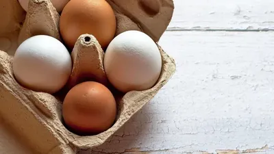 Коричневые и белые яйца в каретке